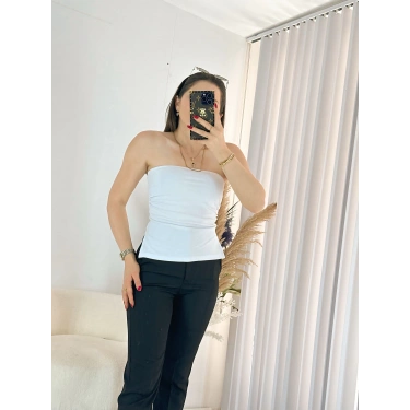 Beyaz Çift Yırtmaçlı Straplez Bluz