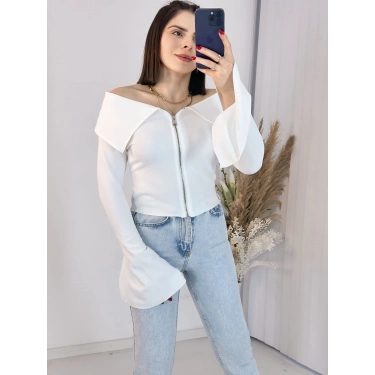 Beyaz Fermuarlı İspanyol Kol Ottoman Bluz