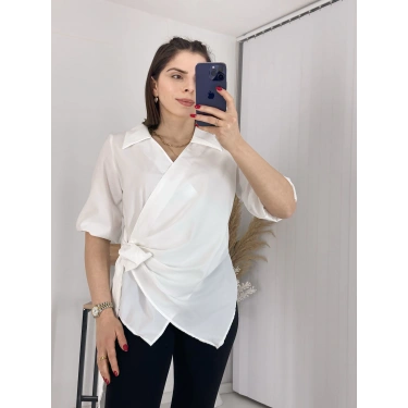 Beyaz Kravuze Yaka Bel Bağlamalı Gömlek