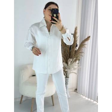 Beyaz Pul Detay Çizgili Gömlek