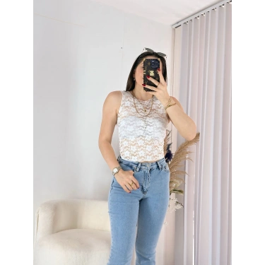 Beyaz Transparan Dantel Bluz