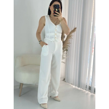 Beyaz Yelek Pantolon İkili Takım