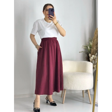 Bordo Beli Lastiklı Kloş Balon Etek