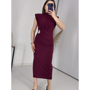 Bordo BROŞLU Vatkalı Krep Elbise