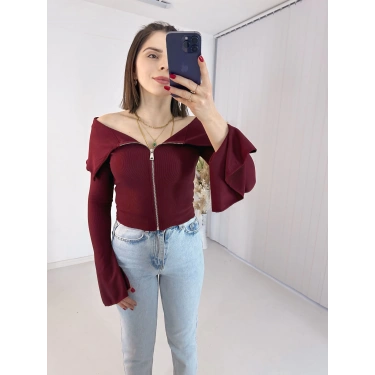 Bordo Fermuarlı İspanyol Kol Ottoman Bluz