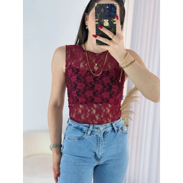 Bordo Transparan Dantel Bluz