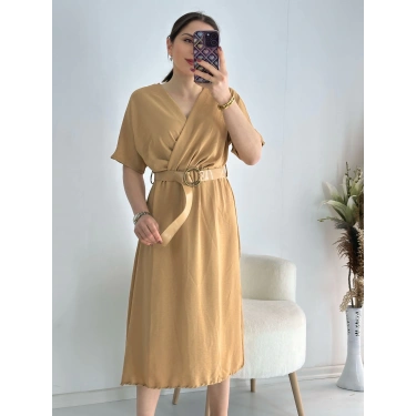 Camel Kravuze Yaka Keten Elbise