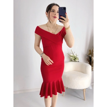 Kırmızı Çapraz Yaka Kolsuz Etek Ucu Valonlu Kalem Elbise