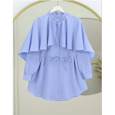 Dik Yaka Pelerin Detaylı Poplin Gömlek Mavi