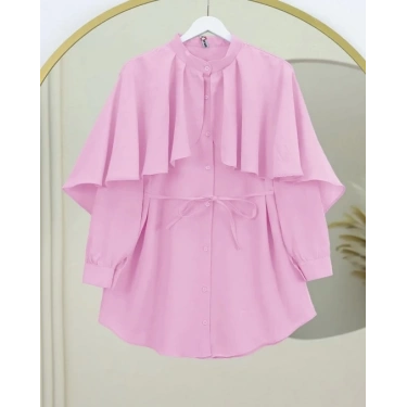 Dik Yaka Pelerin Detaylı Poplin Gömlek Pembe