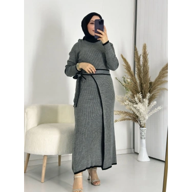 Eteği Bağlamalı Triko Elbise Gri