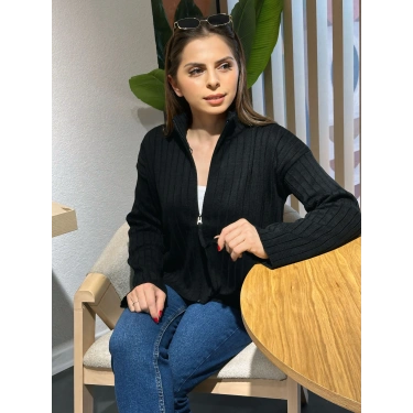 Fitilli fermuar detay hırka siyah