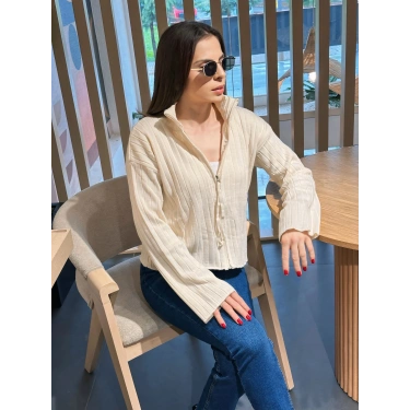 Fitilli fermuar detay hırka Bej