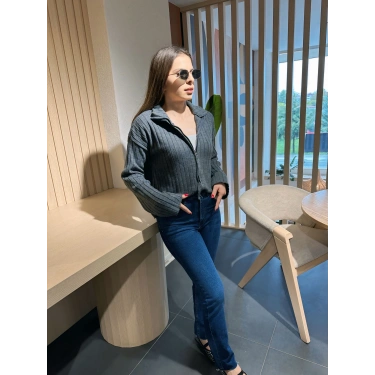 Fitilli fermuar detay hırka gri