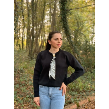 Fular detay düz yaka kazak lacivert