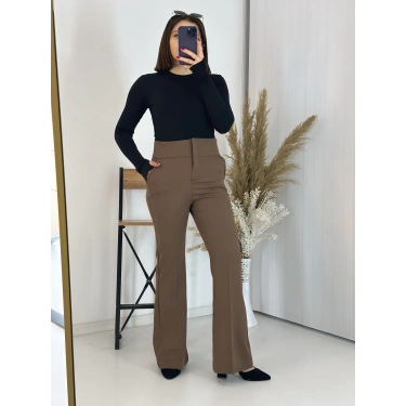 Full Yüksek Bel Kahve İspanyol Kumaş Pantolon