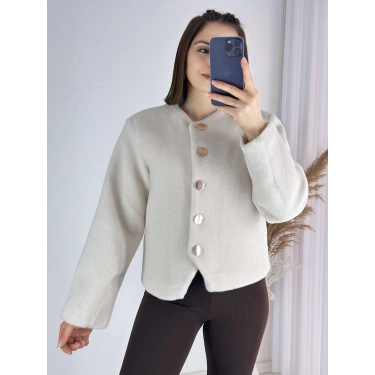 Gold Düğmeli Kaşe Ceket - EKRU