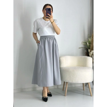 Gri Beli Lastiklı Kloş Balon Etek