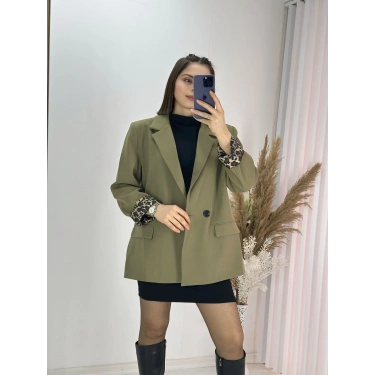 Haki Leopar Astarlı Atlas Kumaş Blazer Ceket