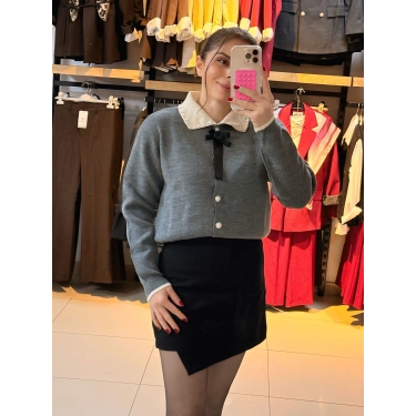 İnci taşlı Polo yaka kazak gri