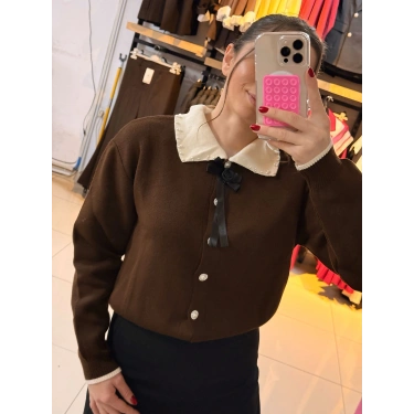 İnci taşlı Polo yaka kazak kahve