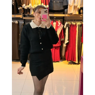 İnci taşlı Polo yaka kazak siyah