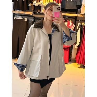 Kadife yaka ekose astar Trenç mont Bej