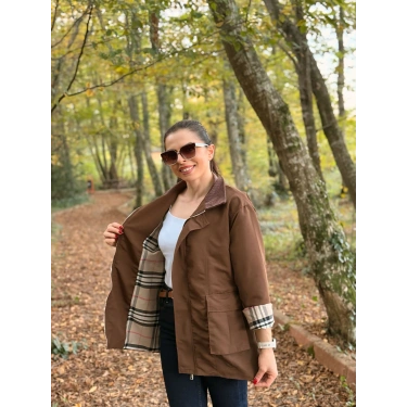 Kadife yaka ekose astar Trenç mont kahve