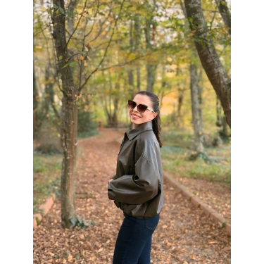 Kemer detay deri bomber ceket kahve