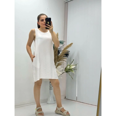 Keten Kumaş Kolsuz Elbise Beyaz