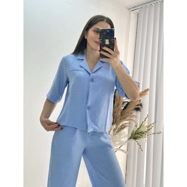 Kısa Kollu Bebe Mavi Keten Takım