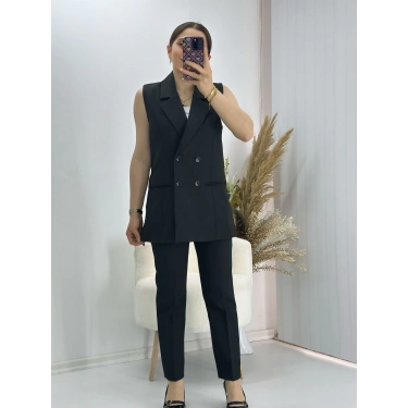 Kravuze Yaka Yelek Pantolon Takım Siyah