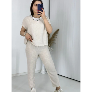 Krem V Yaka Keten Takım