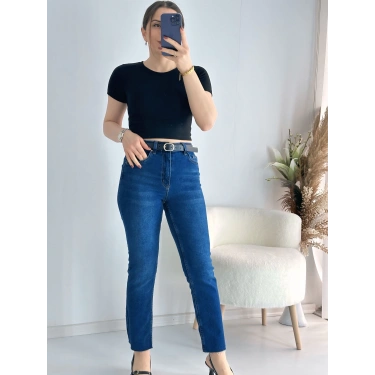 Lacivert Paça Kesik Jean