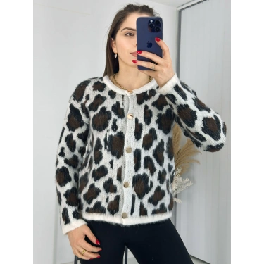 Leopar Desen Gold Düğmeli Hırka