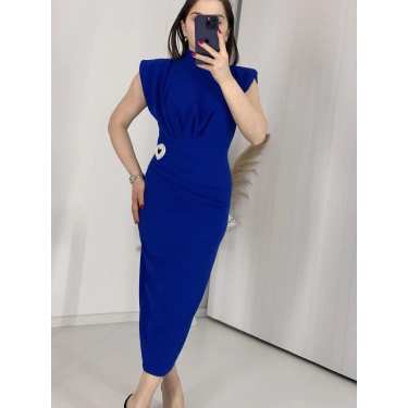 Mavi BROŞLU Vatkalı Krep Elbise