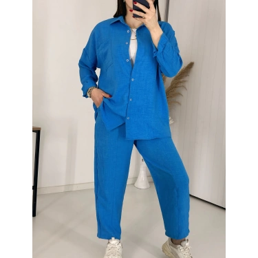 Mavi Keten Pantolon Gömlek İkili Takım