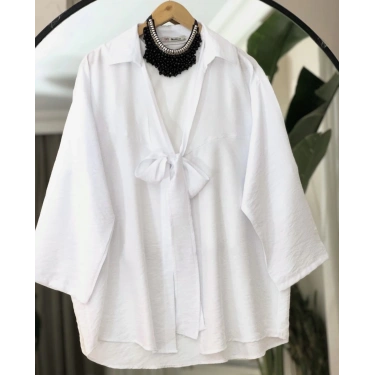 Ön Bağlamalı Kimono Keten Gömlek Beyaz