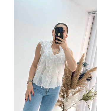 Önü Fırfır Detaylı Bluz Gömlek Beyaz