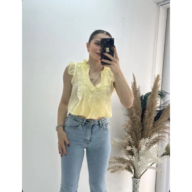Önü Fırfır Detaylı Gömlek Bluz Sarı