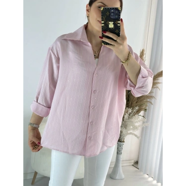 Pembe Pul Detay çizgili Gömlek