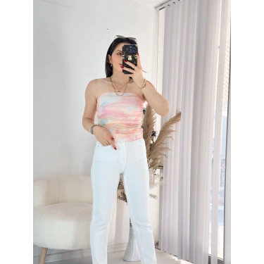 Pembe Straplez Tül Bluz