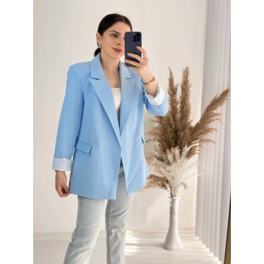 Premium Kalite Kravuze Yaka Astar Çizgili Ceket Mavi