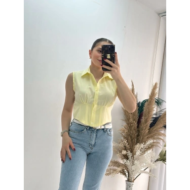 Sarı Sıfır Kol Beli Gipe Lastikli Korseli Poplin Gömlek