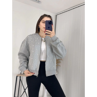 Şık Tasarımlı İncili Şardonlu Crop Top Sweatshirt Gri