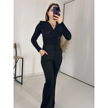 Simli Kravuze Yaka Bluz Siyah