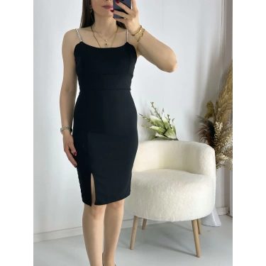 Siyah Askıları Taşlı Mini Elbise