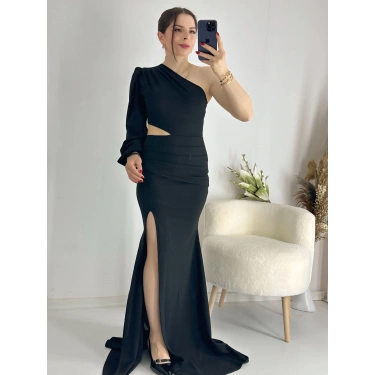 Siyah Bel Dekolteli İthal Krep Kumaş Tek Kol Abiye