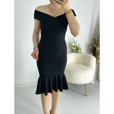 Siyah Çapraz Yaka Kolsuz Etek Ucu Valonlu Kalem Elbise