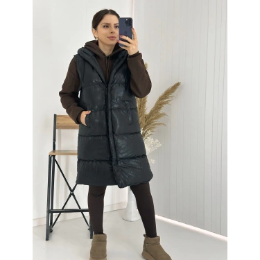 Siyah Kapişonlu Uzun Şişme Yelek